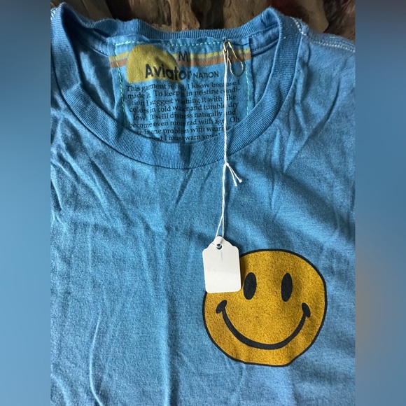 ‼️RARE‼️🎸Aviator Nation🎸🔥NWT🔥 SMILEY 2 LONG SLEEVE BOYFRIEND TEE in OCEAN— M - Picture 4 of 6